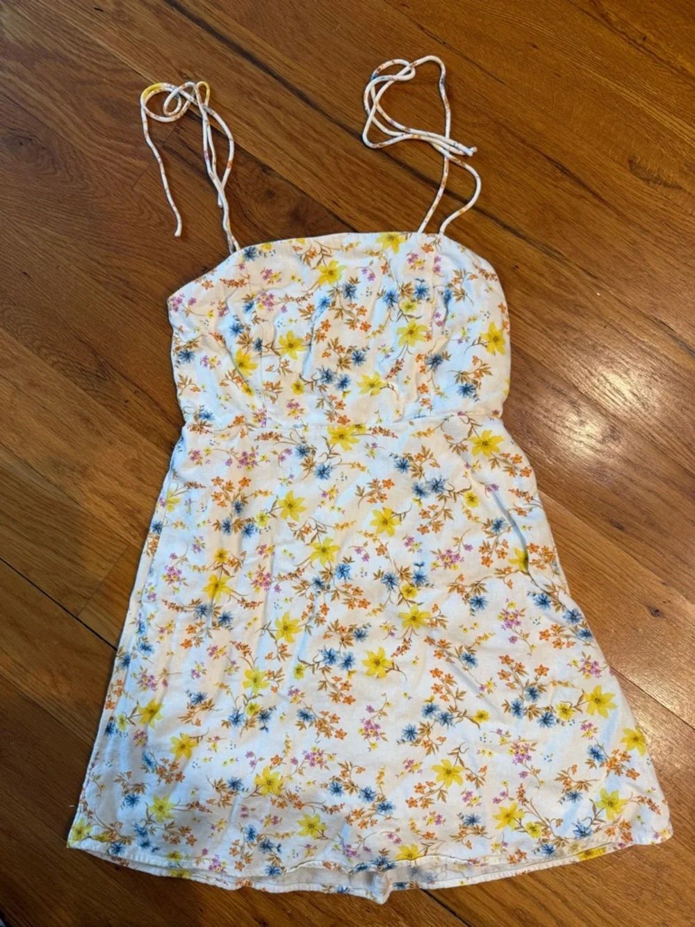 Floral Tie-Strap Sundress in White with Yellow & Blue Flowers
